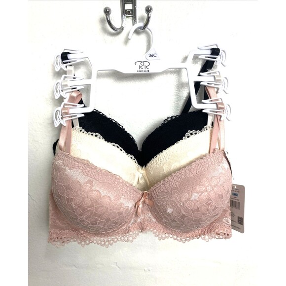 Rene Rofe  Extrem Push Up Bra 3 Pack Size 36C Lace Floral Pink Beige Black - Picture 1 of 11